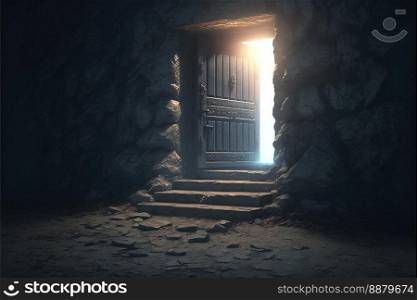 At the foot of the ancient stone steps, a dark, unsettling basement door is open. Generative AI