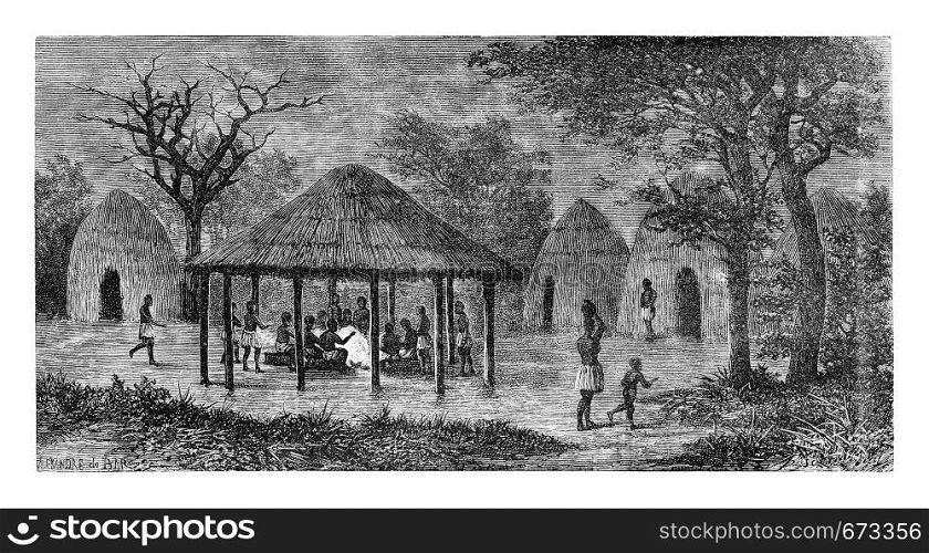 At the Tribal Meeting Place in Angola, Southern Africa, drawing by De Bar based on a sketch by Serpa Pinto, vintage engraved illustration. Le Tour du Monde, Travel Journal, 1881