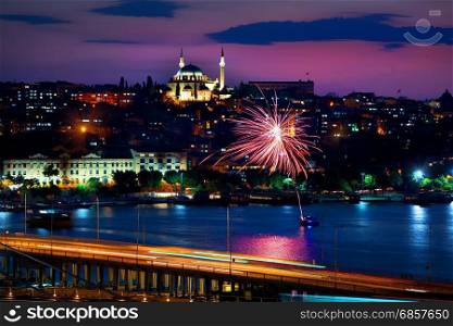 Ataturk bridge and cityscape of Istanbul at holiday night, Turkey
