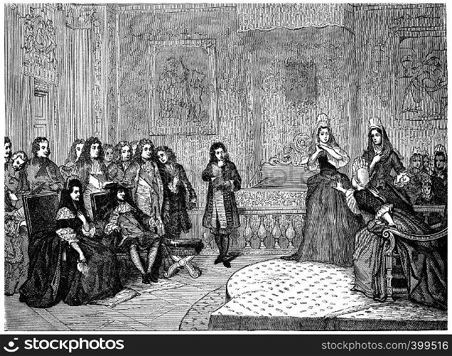 Athalie, represented by the ladies of Saint-Cyr before the king and Madame de Maintenon, vintage engraved illustration.