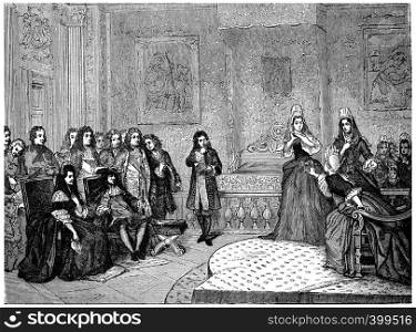 Athalie, represented by the ladies of Saint-Cyr before the king and Madame de Maintenon, vintage engraved illustration.