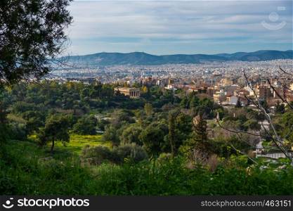 Athens, Greece cityscape with Temple of Hephaestus in the distance