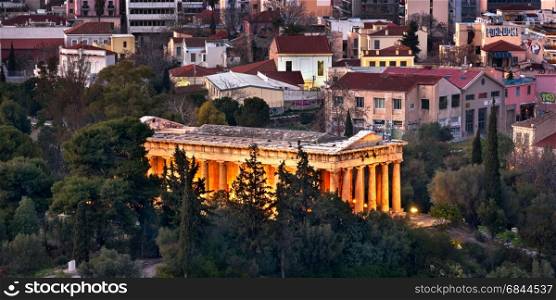 ATHENS, GREECE - FEBRUARY 18, 2017: The Temple of Hephaestus in the Evening, Athens, Greece. Construction started in 449 BCE, and the building not to have been completed for some three decades.