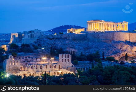 athens seen from Philopapou hill with views to Herodium , Acropolis and the Parthenon at blue hour, Attica, Greece