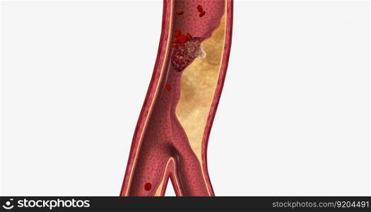 Atherosclerosis is a cardiovascular disease characterized by the gradual buildup of plaque in artery walls. 3D rendering. Atherosclerosis is a cardiovascular disease characterized by the gradual buildup of plaque in artery walls.