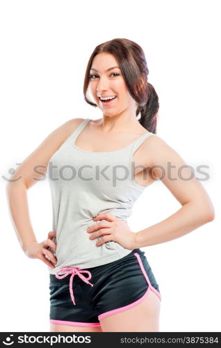 athlete in a gray T-shirt and shorts on a white background