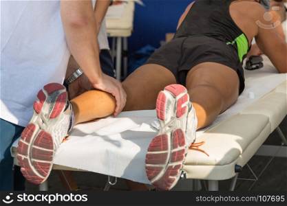 Athlete's Calf Muscle Professional Massage Treatment after Sport Workout: Fitness and Wellness. Athlete's Muscles Massage after Sport Workout