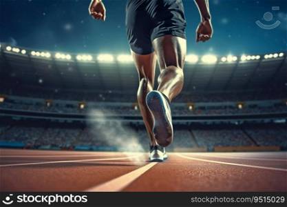 Athlete Runner Feet Running on Treadmill in a Stadium. Generative ai. High quality illustration. Athlete Runner Feet Running on Treadmill in a Stadium. Generative ai