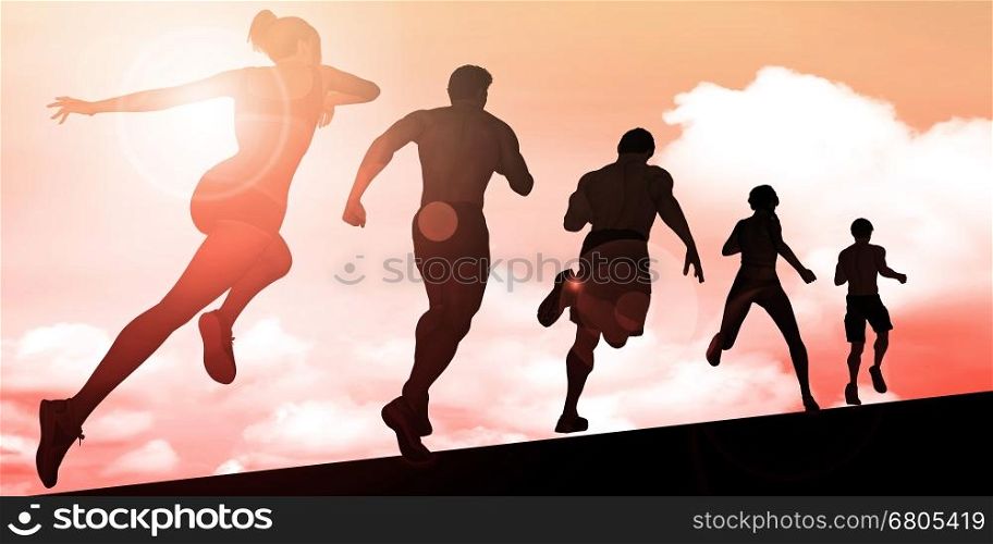 Athletes Running During Sunset with Silhouette Illustration. Business Communication