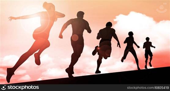 Athletes Running During Sunset with Silhouette Illustration. Business Communication