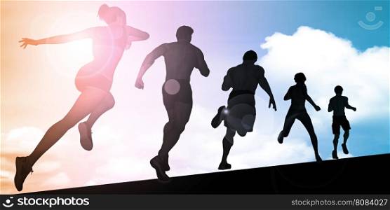 Athletes Running During Sunset with Silhouette Illustration. Interactive Media