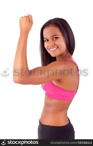 Athletic african woman showing her good shape