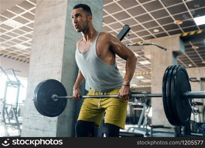 Athletic man in sportswear doing exercise with barbell on training in gym. Workout in sport club, healthy lifestyle