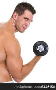 Athletic man with strong biceps rising dumbbell