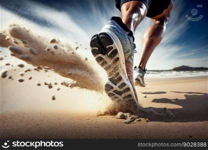 Athletic Running on the Beach. Generative AI. High quality illustration. Athletic Running on the Beach. Generative AI