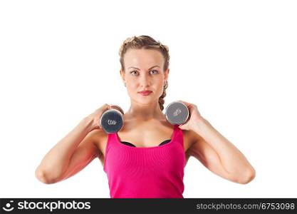 Athletic young woman with dumbbell isolated on white