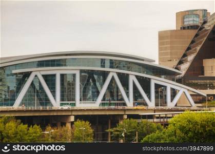 ATLANTA - AUGUST 29: Philips Arena and CNN Center on August 29, 2015 in Atlanta, GA. Philips Arena is a multi-purpose indoor arena. It was completed and opened in 1999 to replace The Omni.