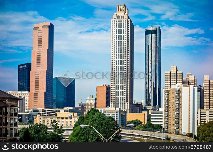 atlanta downtown skyline with blue sky