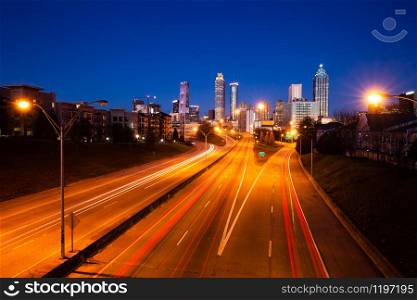 Atlanta skyline and highway at night, Georgia, USA