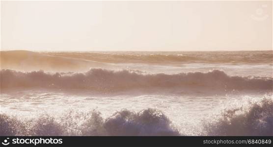 Atlantic ocean big waves. Sunrise seascape