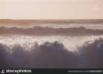 Atlantic ocean big waves. Sunrise seascape