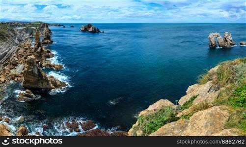 Atlantic ocean coastline landscape (near Arnia Beach, Spain). Two shots stitch panorama.