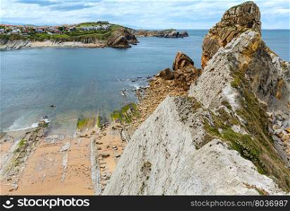 Atlantic ocean rocky coastline near Portio Beach, (Pielagos, Cantabria, Spain)