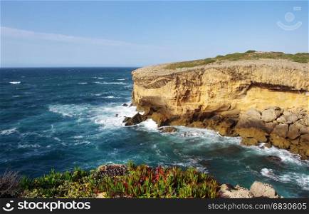 Atlantic ocean rocky coastline scenery, Aljezur, Algarve, Portugal