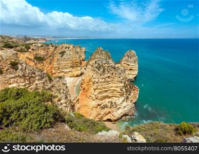 Atlantic ocean summer rocky coastline view (Ponta da Piedade, Lagos, Algarve, Portugal).