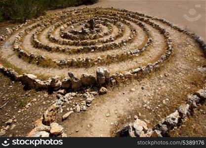 Atlantis spiral sign in Ibiza with stones on soil at Balearic Islands
