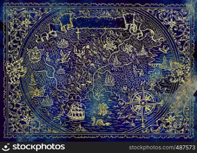 Atlas map of unknown world with fantasy creatures, pirate ship, compass on blue texture. Hand drawn graphic illustration, old transportation background in vintage style