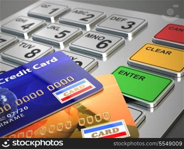 ATM machine keypad with credit cards. 3d