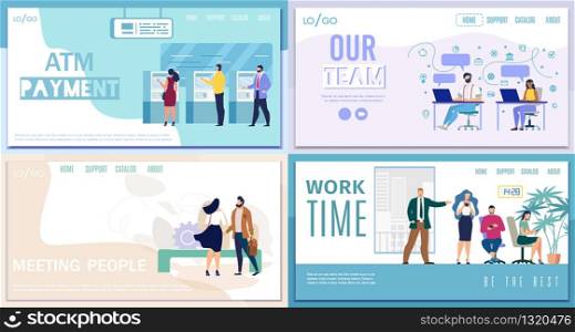 ATM Payment, Meeting People, Work Time, Customer Support Service Flat Vector Web Banners, Landing Pages Set with Bank Clients, Company Helpline Operators, Procrastinating Office People Illustration