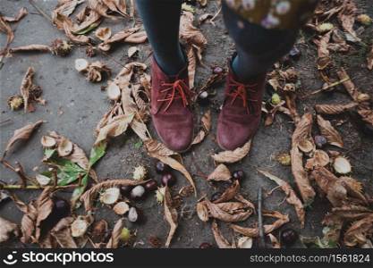 atmospheric autumn wallpaper. boots on a background of chestnuts