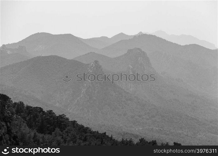 Atmospheric view of Pentadaktylos mountain peaks viewed from Kantara area, island of Cyprus, in monochrome