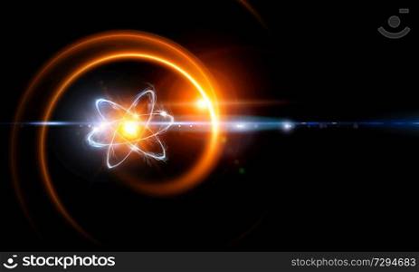 Atom in space as concept of science technology energy. Atom molecule abstract