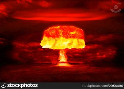 Atomic bomb realistic explosion, red color with smoke