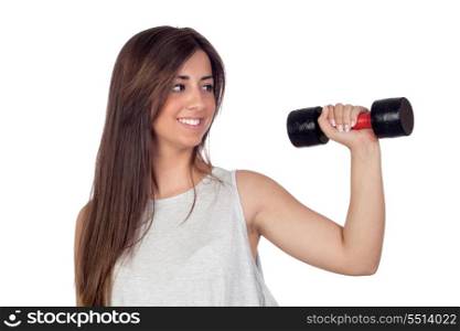Atractive girl training in the gym isolated on white background