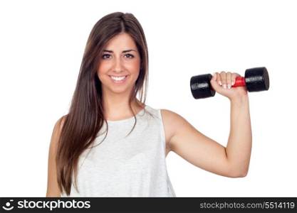 Atractive girl training in the gym isolated on white background