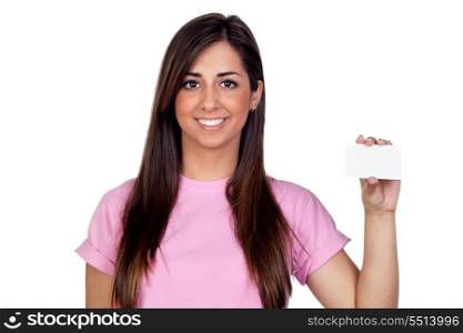 Atractive girl with a blank card isolated on white background