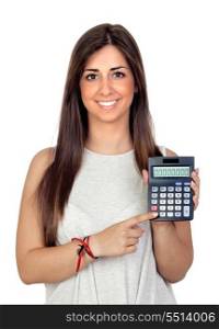 Atractive girl with a calculator isolated on white background