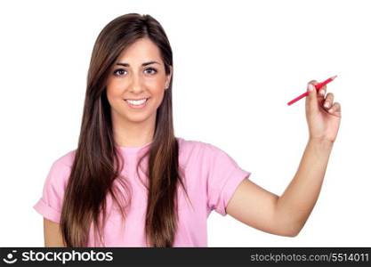 Atractive girl with a red pencil isolated on white background
