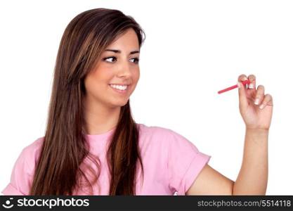 Atractive girl with a red pencil isolated on white background