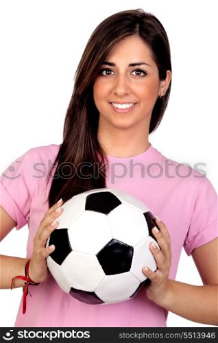 Atractive girl with a soccer ball isolated on white background