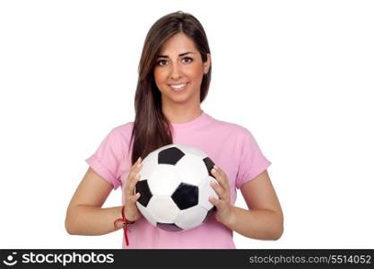 Atractive girl with a soccer ball isolated on white background
