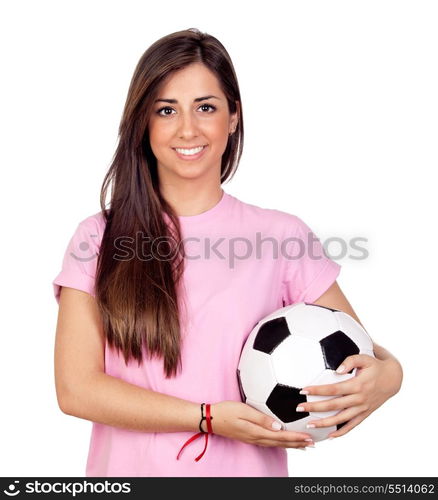 Atractive girl with a soccer ball isolated on white background