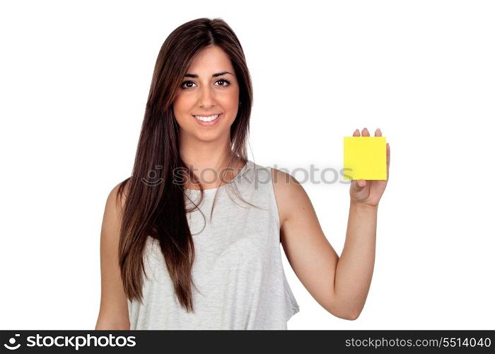 Atractive girl with a yellow post-it isolated on white background