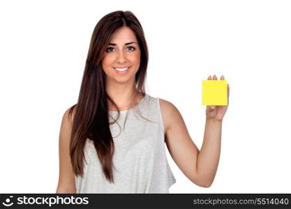 Atractive girl with a yellow post-it isolated on white background