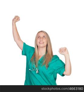 Atractive medical girl celebrating something isolated on a white background