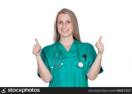 Atractive medical girl saying ok isolated on a white background